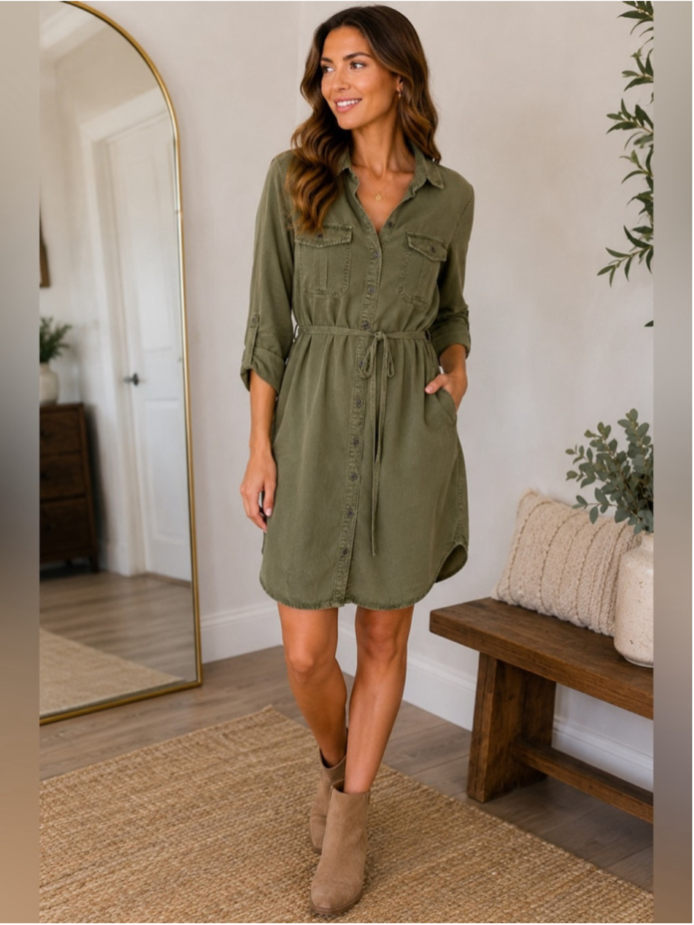 Parasuco Olive Green Button-Front Shirt Dress Size L Utility Safari Casual